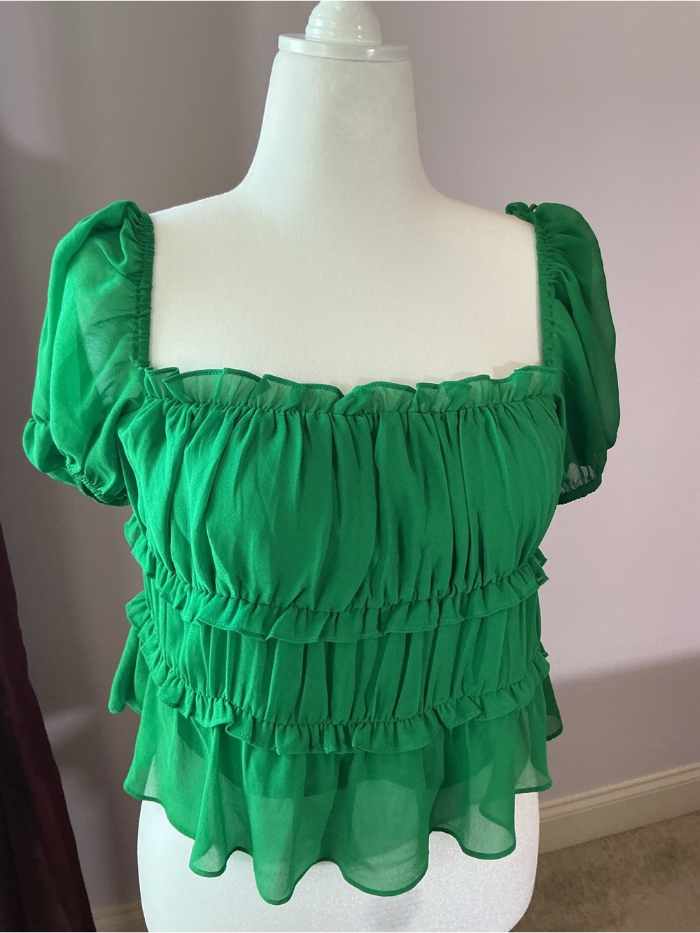 Green Ruffled Square-Neck Women's Top